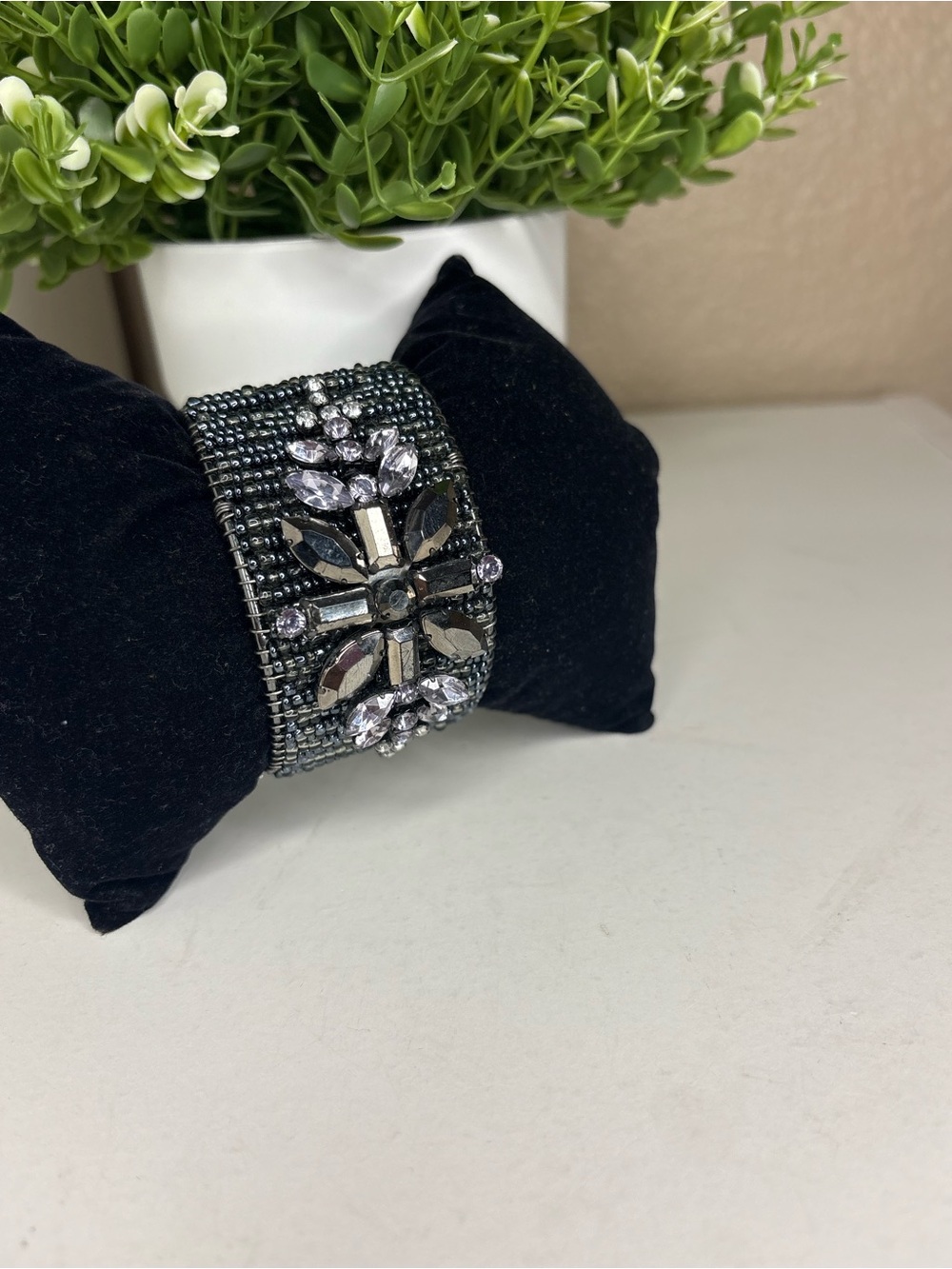 Vintage Gunmetal Beaded Cuff Bracelet Rhinestone Crystal Statement Floral Glam
